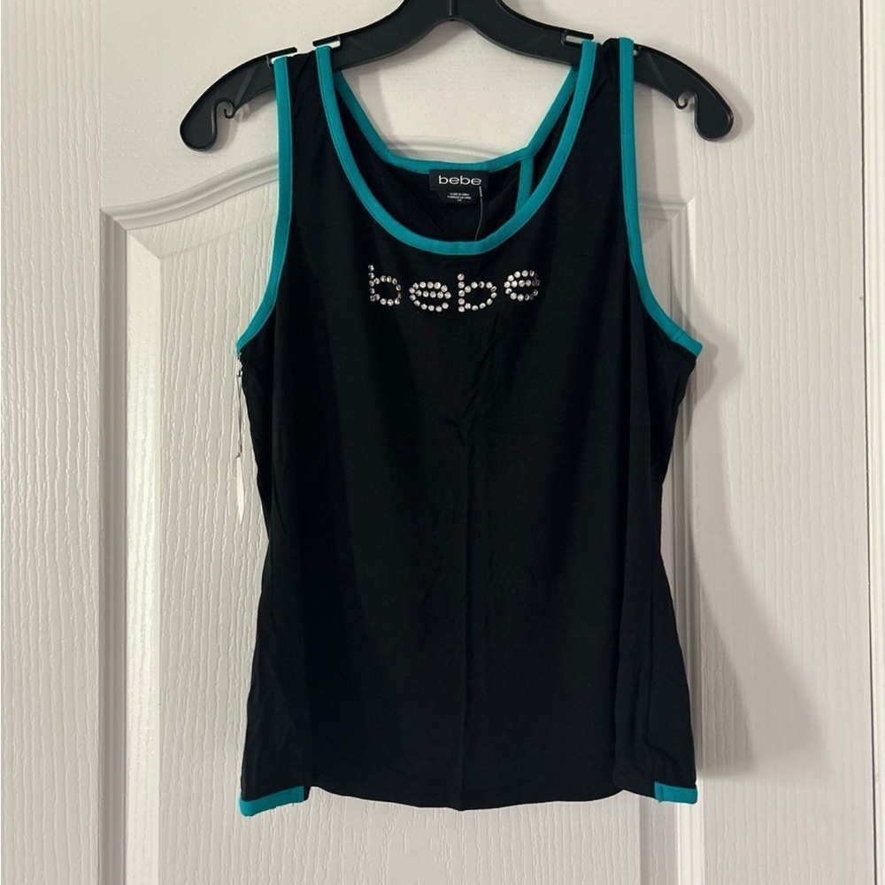 Bebe Black Top with Teal Accents and Rhinestone Logo - Picture 8 of 9